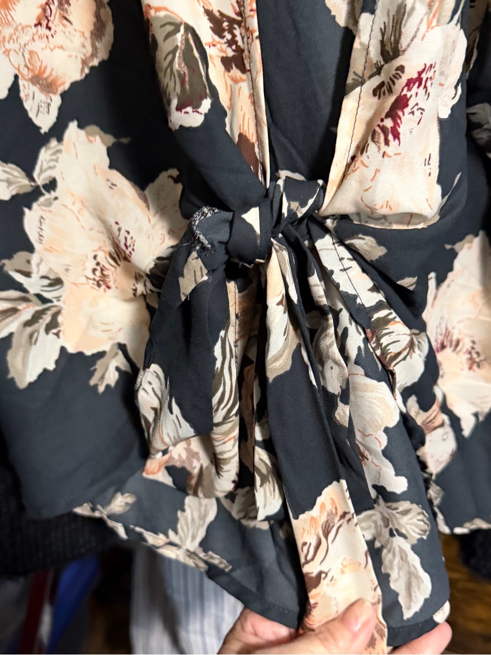 West Kei ~ Satin Kimono ~ Black base w/ Cream, Peach & Olive Flowers ~ Tie Front - Picture 6 of 9